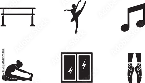 Collection of six black silhouette icons related to ballet and dance Keywords: ballet barre dancer pirouette arabesque music note eighth note