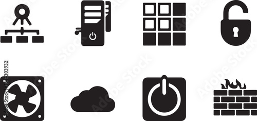 Computer and security icons including server firewall and unlock symbol Keywords: computer, technology, server, data, storage, network, security