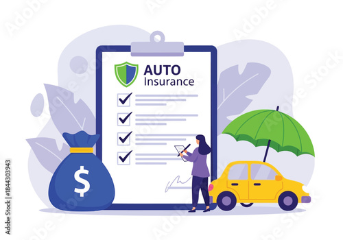 Vector illustration of a person with clipboard and auto insurance policy near a car and money bag