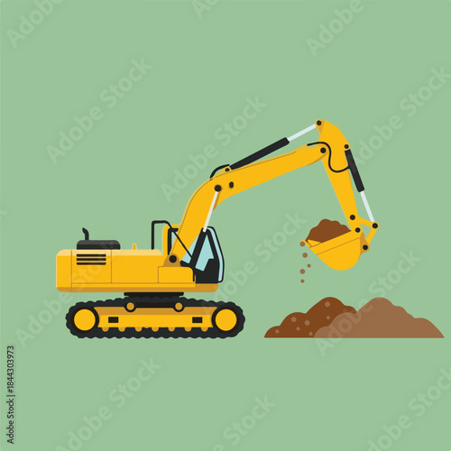 A yellow excavator is actively dumping a pile of brown earth on a light green background, illustrated in a flat graphic style.