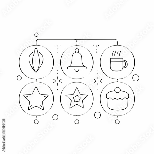 A collection of line art icons including a cocoa bean, bell, hot drink, stars, and a cupcake, connected by lines.