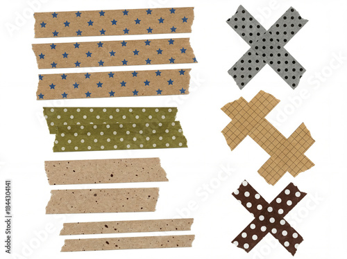 A collection of decorative washi tape strips and crossed adhesive tape pieces isolated on a white background. The tapes feature various patterns such as stars, polka dots, grid lines.