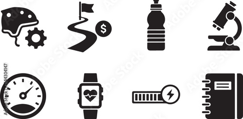 Eight black silhouette icons representing sports, science, and business goals vector illustration