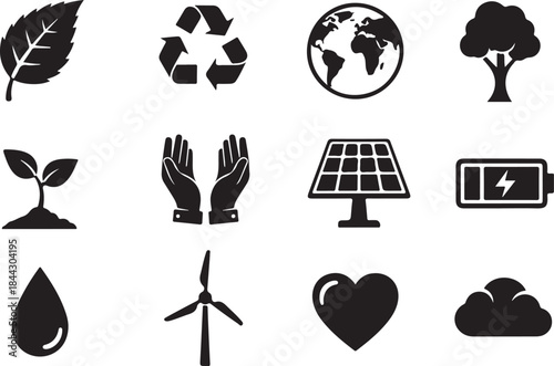 Environmental and nature icons including leaf earth solar panel and wind turbine ecology sustainability
