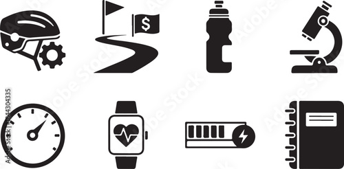 Icons Representing Cycling Health Technology And Business Goals Keywords: cycling, helmet, gear, road, path, flag, dollar sign, money, goal