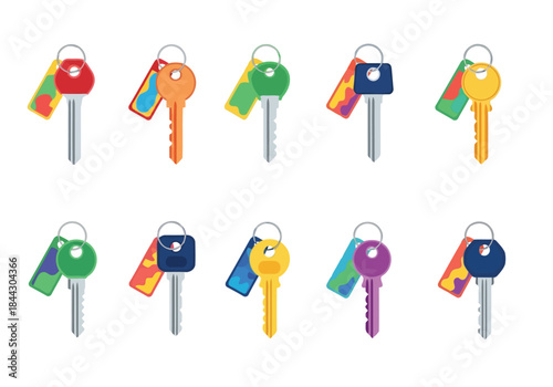 Colorful set of keys with key fobs on for organization