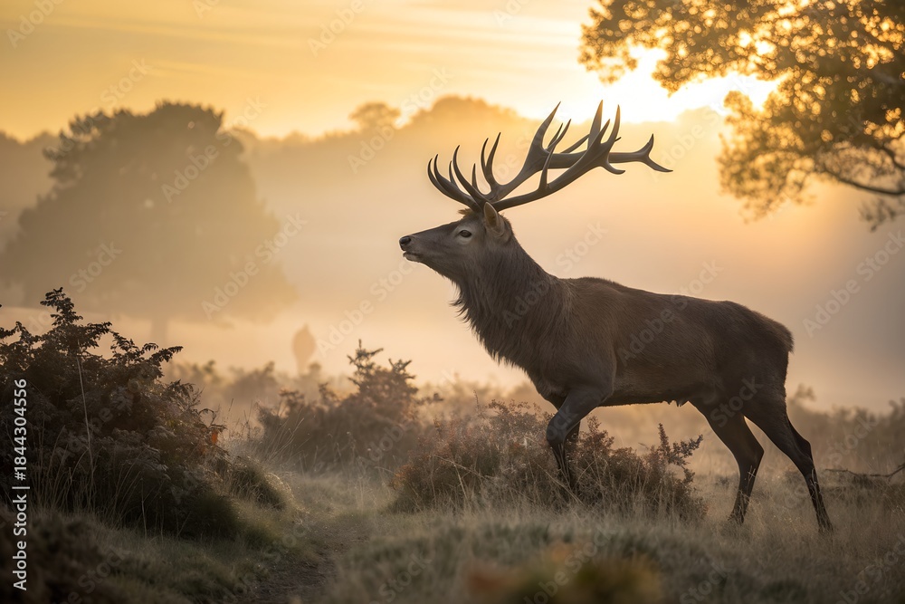 Obraz premium Majestic Deer at Dawn: A stunning deer, with impressive antlers, strides confidently across a misty landscape, the soft light of dawn illuminating its path.