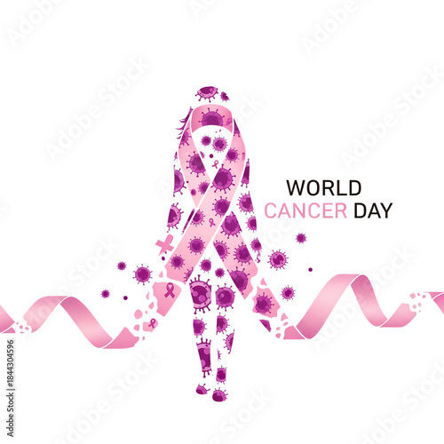 World Cancer Day awareness pink ribbon with cancer cells