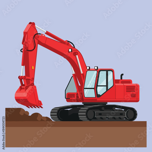A vibrant red hydraulic excavator with a front-end digging bucket is actively moving earth against a simple blue background.