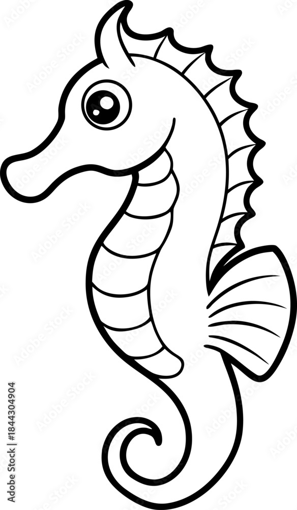 Fototapeta premium A cartoon seahorse is depicted in a black and white line art style against a clean white background. The seahorse is positioned in the center, facing towards the upper-left, with its head in a slight 