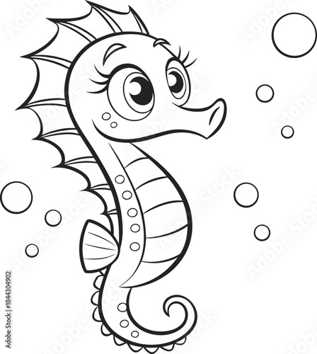 A cartoon seahorse is depicted in a black and white line art style against a clean white background. The seahorse is positioned in the center, facing towards the upper-left, with its head in a slight 