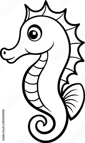 A cartoon seahorse is depicted in a black and white line art style against a clean white background. The seahorse is positioned in the center, facing towards the upper-left, with its head in a slight 
