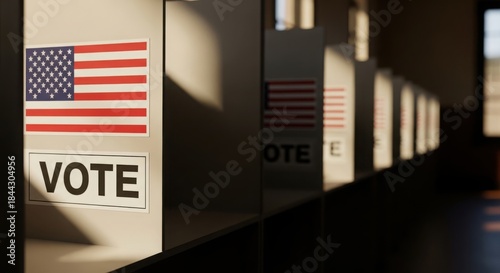 American flag and vote sign at voting booth preparing for election day illustration