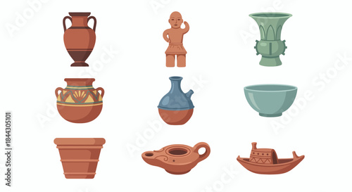 Clay Pottery Icons Set of Ceramic Tableware Vases Cups and Traditional Earthenware Vector Illustration
