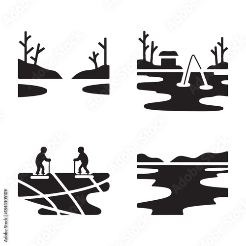 Fishing hut on water silhouette icon for rural outdoor lifestyle