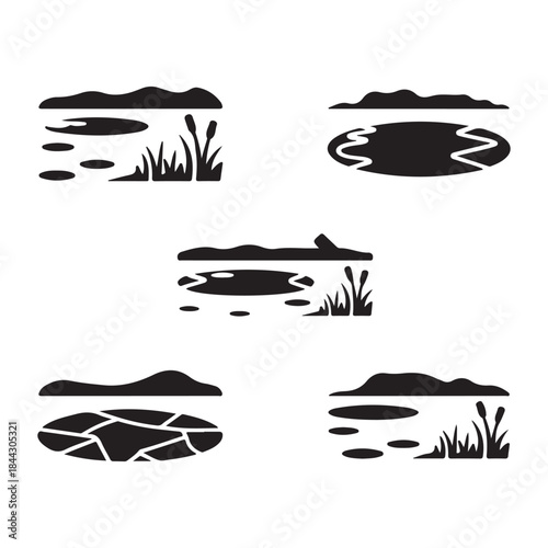 Traditional fishing scene silhouette icon for countryside water life