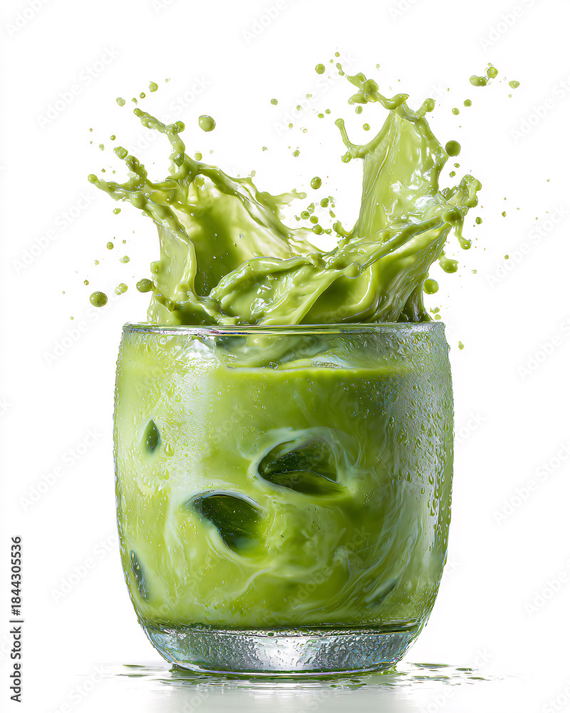 Fototapeta premium Green smoothie splashing in transparent glass cup healthy drink matcha beverage