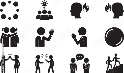 Twelve black silhouette icons representing teamwork, communication, and conflict dots circle