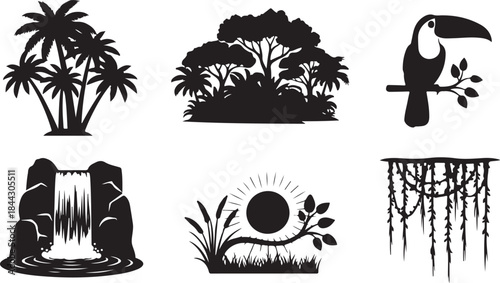 Tropical Jungle Silhouettes With Toucan Waterfall And Palm Trees Keywords: jungle, tropical, silhouette, nature, trees, palm trees, toucan, bird