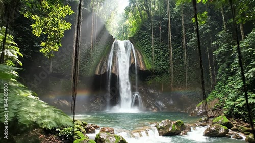 Majestic Waterfall Cascading Through Lush Tropical Rainforest.