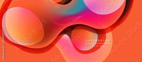 Abstract fluid shapes, vibrant colors blend. Orange dominates, pink, blue accents present. Modern design, smooth gradients create depth.