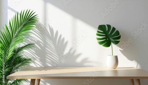 Interior design with natural elements A table adorned with a potted monstera plant and palm leaves, bathed in soft sunlight, creating a serene and inviting atmosphere for a modern living space