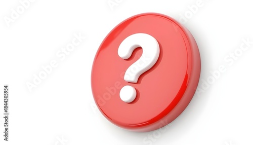 3d question mark icon on red round button or badge.3d rendering.Isolated on white background.

