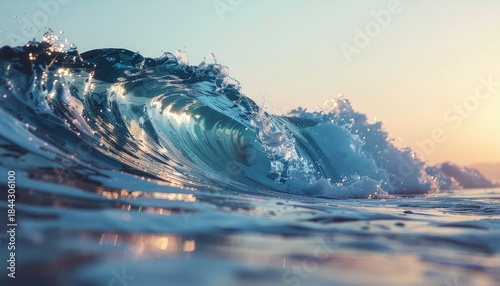 A close-up view of a clear, turquoise wave cresting and breaking with sunlight illuminating the water and foam, creating a serene and dynamic ocean scene