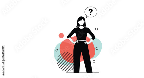 Monochrome illustration of a woman with hands on hips and a question mark in a speech bubble, over abstract colorful shapes.