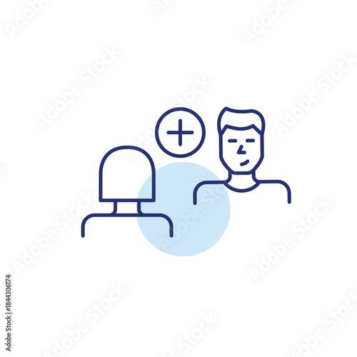 Woman and man speaking at interview or date and plus symbol. Chat add, new contact. Pixel perfect, editable stroke vector icon