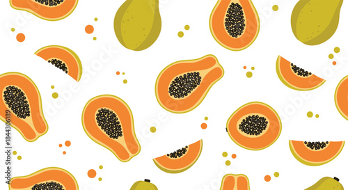 Bright and colorful seamless pattern of fresh papaya fruit, including whole, halved, and sliced pieces, on a white background.