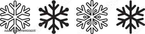 Modern set of four diverse black snowflake icons representing winter weather and cold temperatures
