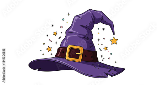 Cartoon illustration of a magical purple witch or wizard hat with a brown buckle, surrounded by colorful sparkles and stars.
