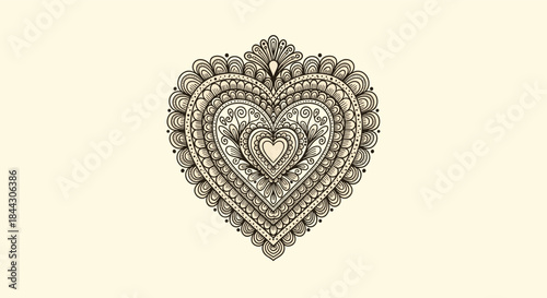 Intricately detailed heart-shaped mehndi or henna tattoo design with floral and paisley patterns, on a light cream background.