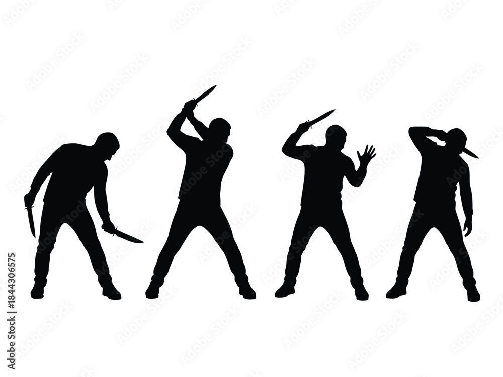 Fototapeta premium Four black silhouettes of people holding knives in various threatening poses