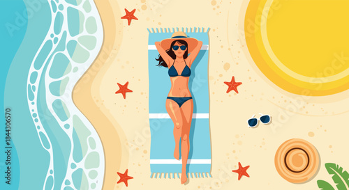 Top-down view illustration of a woman in a bikini sunbathing on a towel at the beach, with the ocean, sun, and sand.