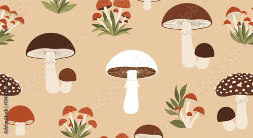 Earthy seamless pattern with various types of forest mushrooms and foliage in a hand-drawn style on a light brown background.