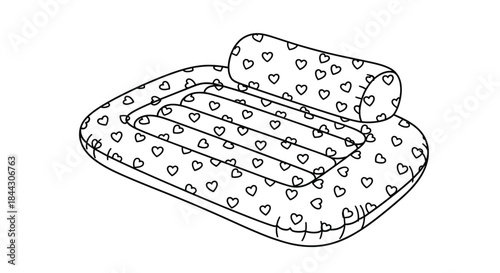 Black and white line art illustration of an inflatable pool mattress with a heart pattern, perfect for a summer coloring page.