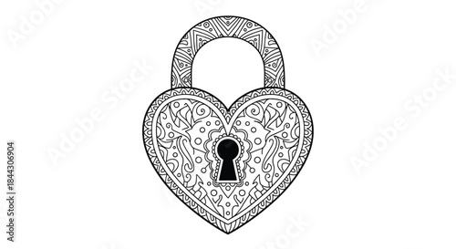 Intricate black and white zentangle coloring page of a heart-shaped padlock with detailed abstract and floral patterns inside.