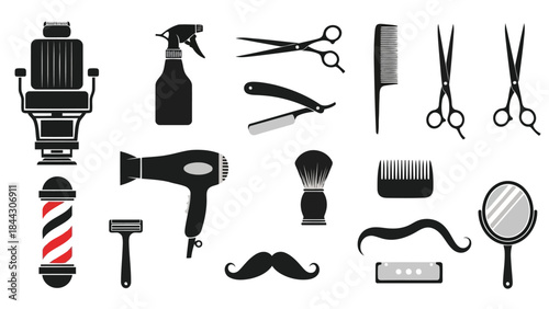 Collection of various barber tools and accessories on