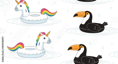 Whimsical seamless pattern with unicorn and toucan inflatable pool floats swimming in water, on a clean white background design.