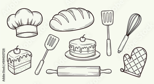 Baking Illustration Set with Chef's Hat, Bread, Cakes, and Tools