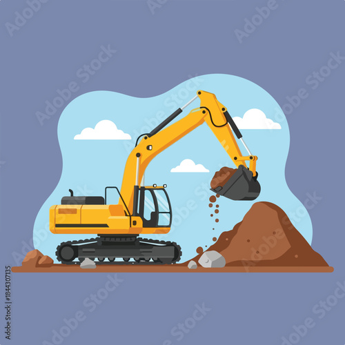 A yellow excavator with a large bucket digs and deposits soil, forming a pile of dirt against a light blue sky with white clouds.