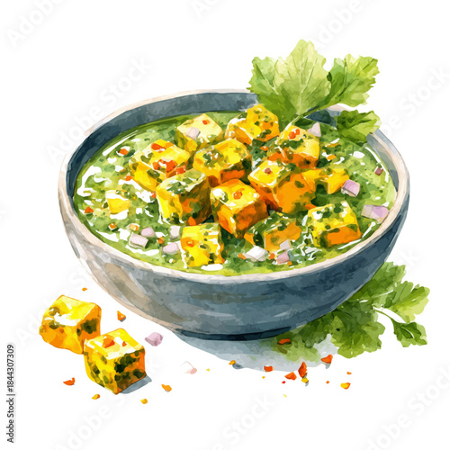 Watercolor painting of Saag Paneer, vector illustration, isolated on white background.