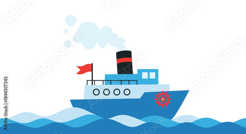 Simple flat design illustration of a blue steamboat with a red paddle wheel, sailing on waves with smoke from its funnel.