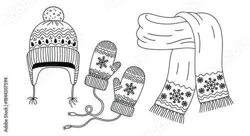 A set of hand-drawn winter clothing accessories for a coloring page, including a patterned hat, mittens, and a snowflake scarf.