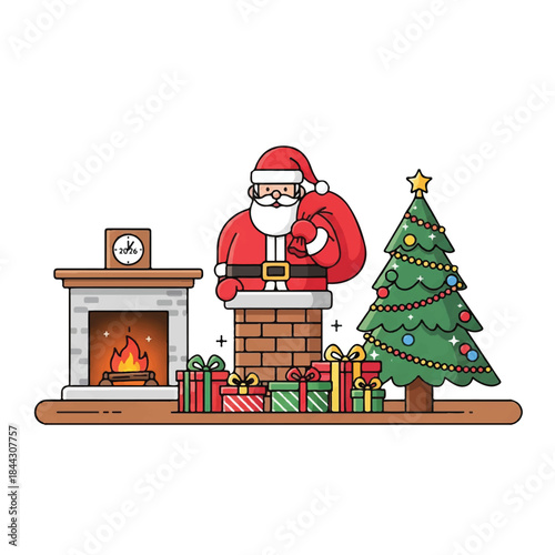 Illustration of Santa Claus getting stuck in a brick chimney with a Christmas tree and gifts nearby on a white background.