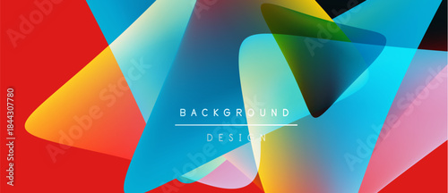 Abstract geometric shapes overlap, creating vibrant color gradients. Red dominates left side, transitioning to blues, greens, yellows. Text reads background design.