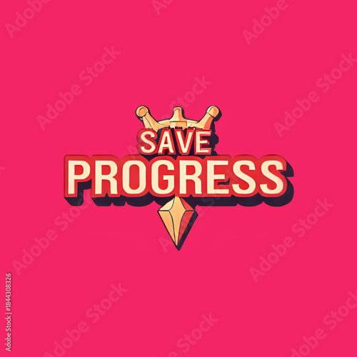 Digital Save Progress Icon: Retro Gaming Style with Crown and Gemstone on Pink