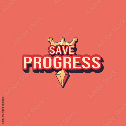 Save Progress Achievement Emblem. Golden Crown & Gemstone Icon. Retro Success, Gaming & Milestone Symbol